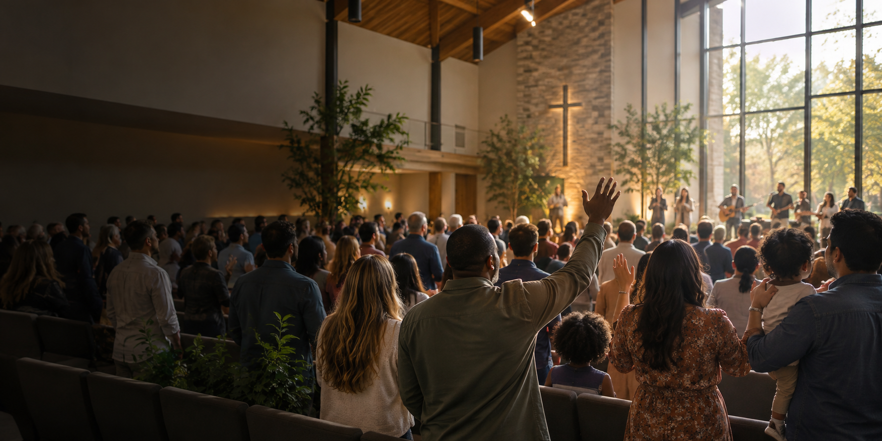 A diverse congregation worshipping together in a bright church auditorium
